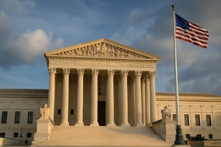 Fachada de la Corte Suprema de Estados Unidos con bandera nacional ondeando al frente.