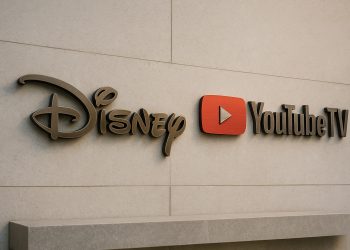 Logos metálicos de Disney y YouTube TV integrados en una pared elegante tras cerrar un acuerdo.