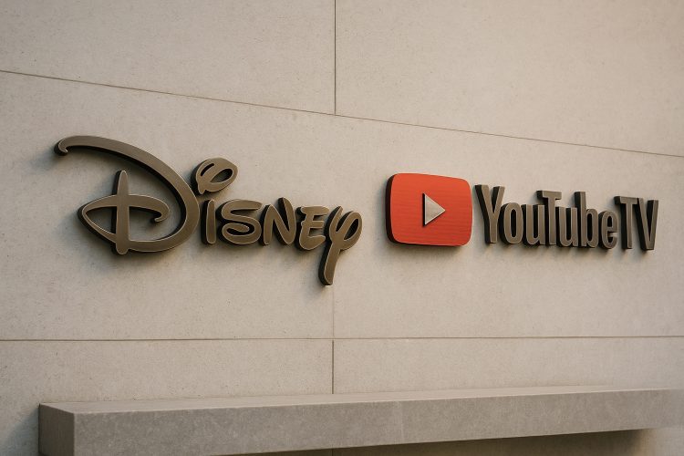 Logos metálicos de Disney y YouTube TV integrados en una pared elegante tras cerrar un acuerdo.