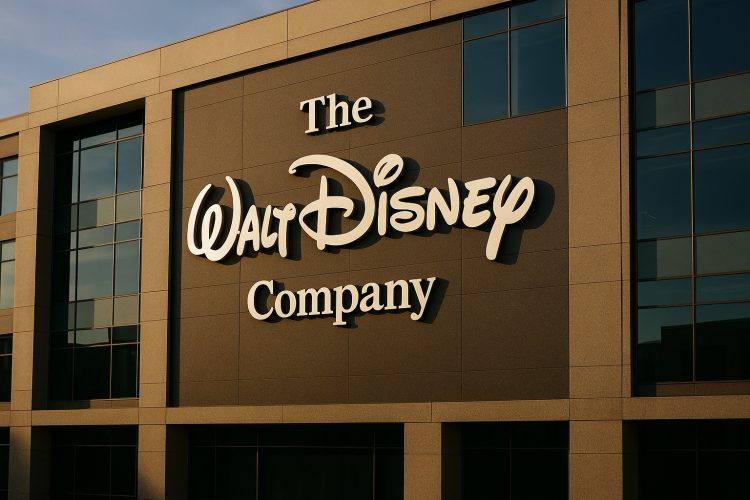 Fachada corporativa de Disney con su logotipo grande y centrado bajo luz suave de tarde.