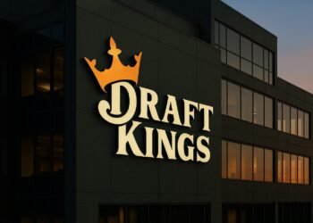 Logo de DraftKings iluminado en la fachada principal del edificio corporativo al anochecer.