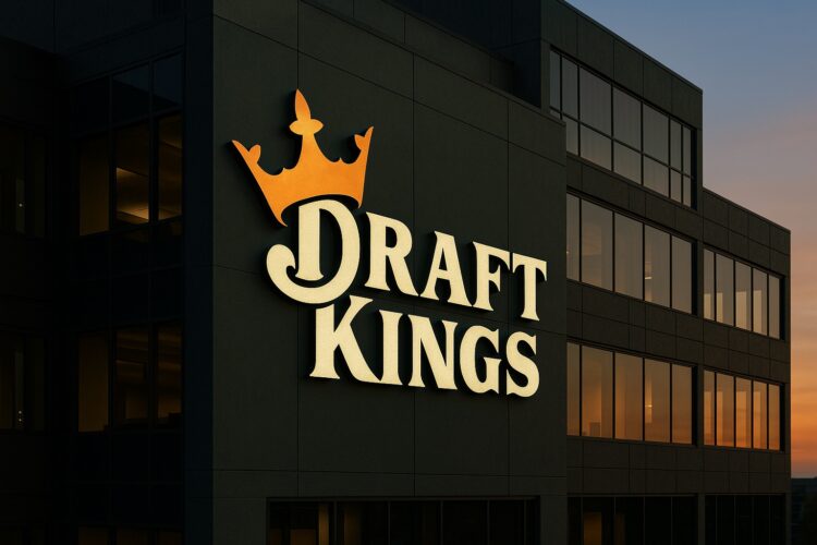 Logo de DraftKings iluminado en la fachada principal del edificio corporativo al anochecer.