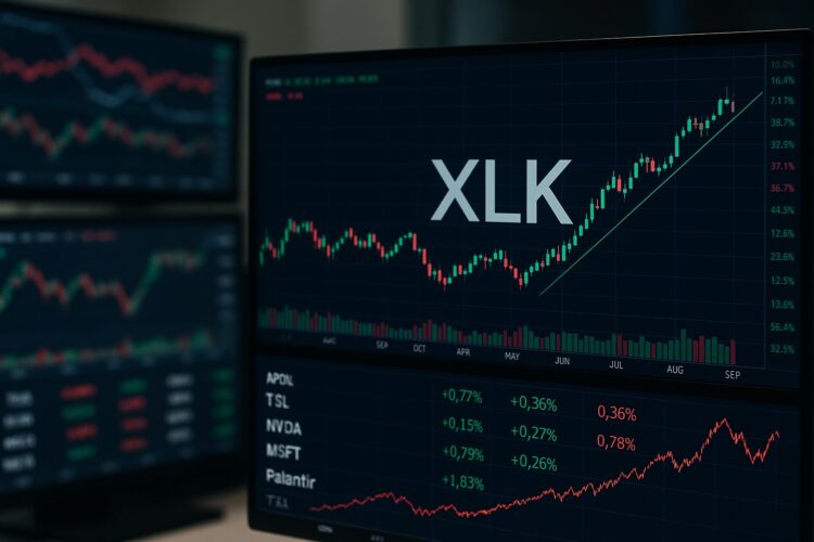 Monitores con gráficos bursátiles de XLK y tickers tecnológicos en verde y rojo