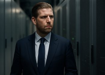 Eric Trump en pasillo tecnológico con servidores al fondo en referencia a la caída cripto.