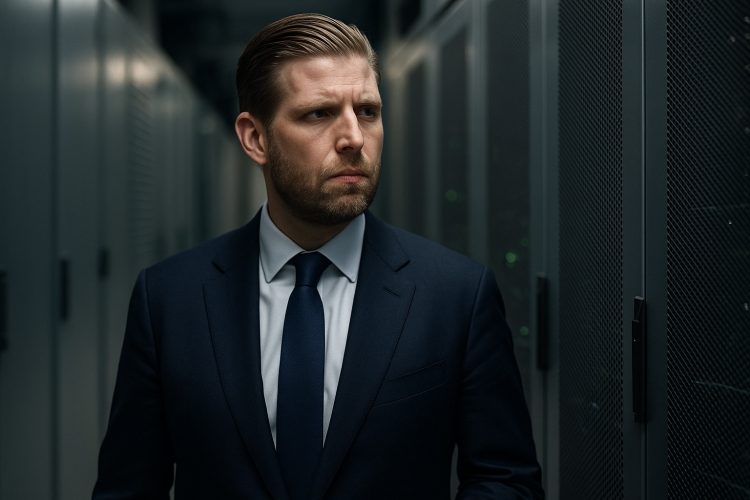 Eric Trump en pasillo tecnológico con servidores al fondo en referencia a la caída cripto.