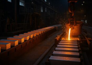 Lingotes calientes y chispas de fundición en planta metalúrgica de aluminio iluminada con luz naranja intensa