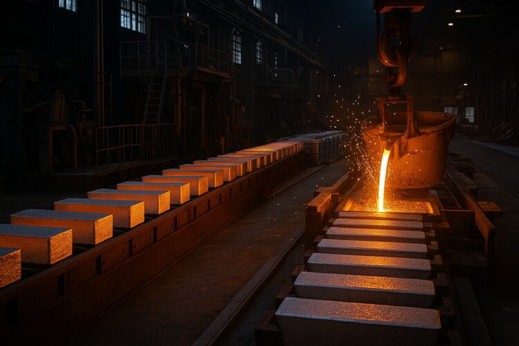 Lingotes calientes y chispas de fundición en planta metalúrgica de aluminio iluminada con luz naranja intensa