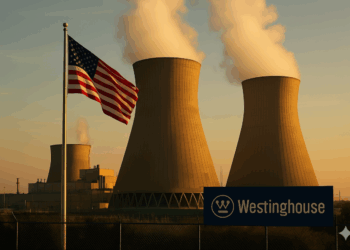 Planta nuclear moderna con torres humeantes, bandera estadounidense y logo de Westinghouse al amanecer