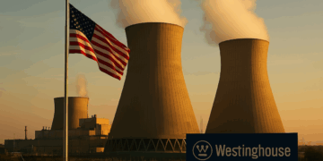 Planta nuclear moderna con torres humeantes, bandera estadounidense y logo de Westinghouse al amanecer