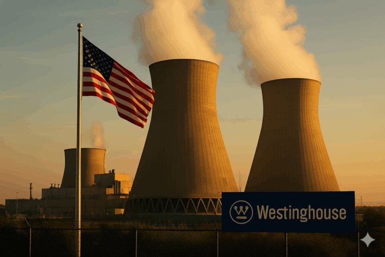 Planta nuclear moderna con torres humeantes, bandera estadounidense y logo de Westinghouse al amanecer