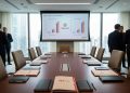 Sala de conferencias ejecutiva. Pantalla con datos de OpenAI y mesa con carpetas corporativas de HSBC.