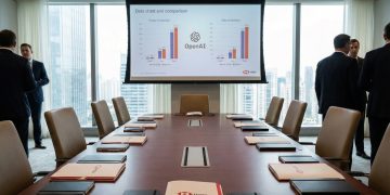 Sala de conferencias ejecutiva. Pantalla con datos de OpenAI y mesa con carpetas corporativas de HSBC.