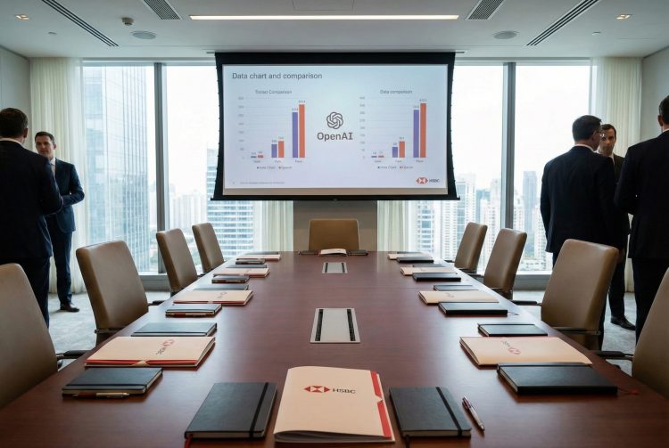 Sala de conferencias ejecutiva. Pantalla con datos de OpenAI y mesa con carpetas corporativas de HSBC.