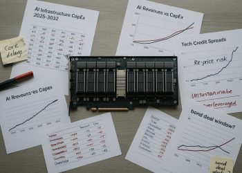 Placa de servidor con GPUs sobre mesa rodeada de informes de CapEx y spreads en rojo