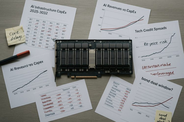 Placa de servidor con GPUs sobre mesa rodeada de informes de CapEx y spreads en rojo