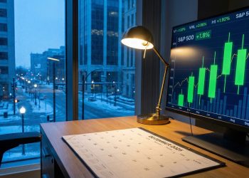 Oficina en invierno: calendario de diciembre 2025 y pantalla con gráfico bursátil S&P 500 en alza con velas verdes.