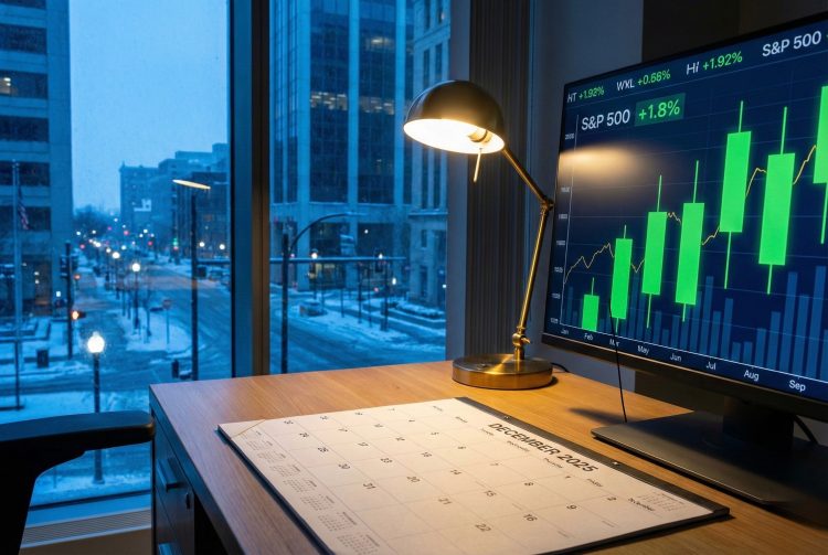 Oficina en invierno: calendario de diciembre 2025 y pantalla con gráfico bursátil S&P 500 en alza con velas verdes.