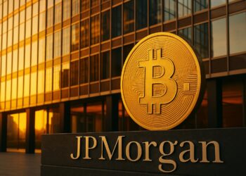 Fachada de JPMorgan al amanecer con una moneda dorada de Bitcoin reflejando la luz del sol.