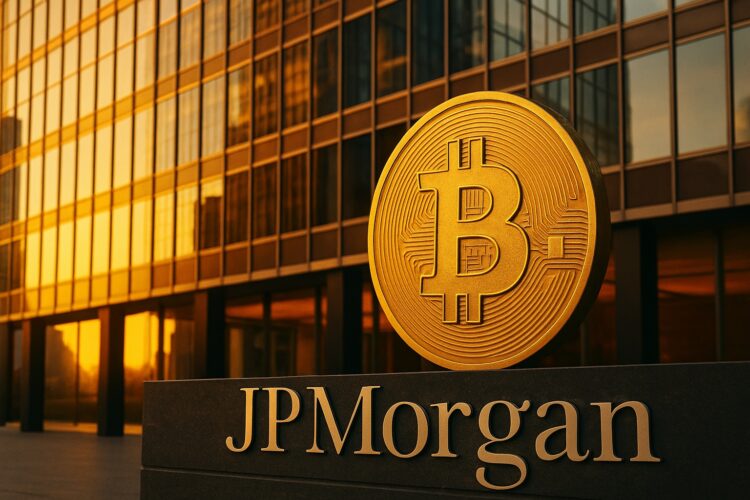 Fachada de JPMorgan al amanecer con una moneda dorada de Bitcoin reflejando la luz del sol.