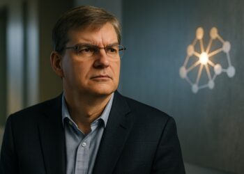 Retrato editorial de Michael Burry en oficina sobria con luz natural y fondo tecnológico sutil.