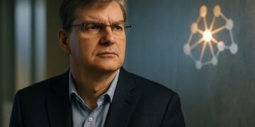 Retrato editorial de Michael Burry en oficina sobria con luz natural y fondo tecnológico sutil.