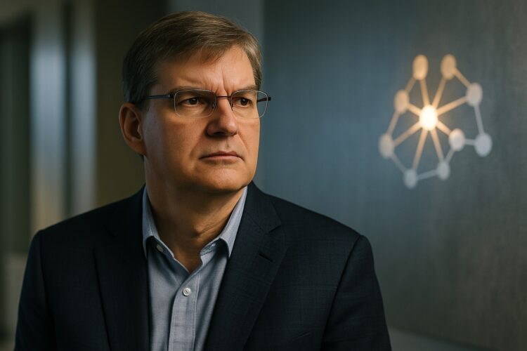 Retrato editorial de Michael Burry en oficina sobria con luz natural y fondo tecnológico sutil.