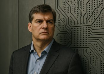 Michael Burry en entorno corporativo sobrio con fondo tecnológico sutil alusivo a la IA.