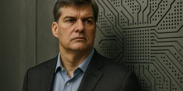 Michael Burry en entorno corporativo sobrio con fondo tecnológico sutil alusivo a la IA.