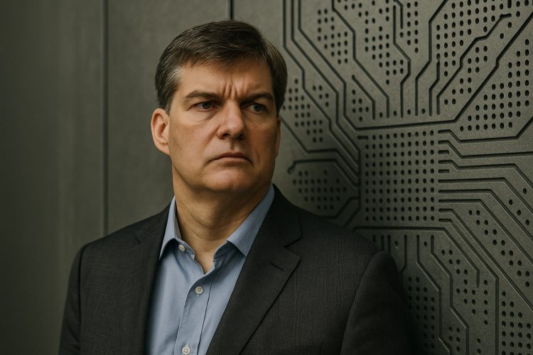 Michael Burry en entorno corporativo sobrio con fondo tecnológico sutil alusivo a la IA.