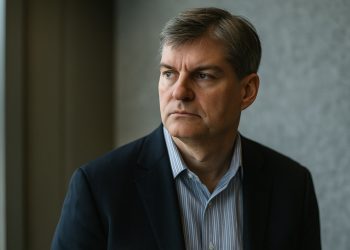 Michael Burry en ambiente corporativo sobrio tras dudas por posible cierre de su fondo.