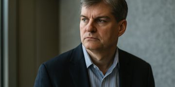 Michael Burry en ambiente corporativo sobrio tras dudas por posible cierre de su fondo.