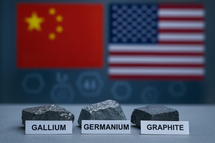 Muestras metálicas con etiquetas de galio, germanio y grafito en mesa de laboratorio con banderas borrosas de China y EE. UU.