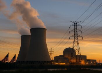 Torres de enfriamiento con vapor y líneas eléctricas frente a planta nuclear al atardecer