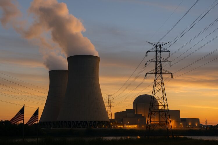 Torres de enfriamiento con vapor y líneas eléctricas frente a planta nuclear al atardecer