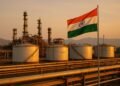Tanques y tuberías de una refinería india con la bandera nacional al fondo bajo luz cálida de atardecer