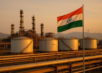 Tanques y tuberías de una refinería india con la bandera nacional al fondo bajo luz cálida de atardecer