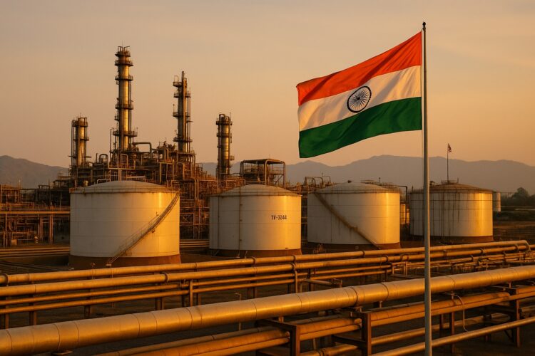 Tanques y tuberías de una refinería india con la bandera nacional al fondo bajo luz cálida de atardecer