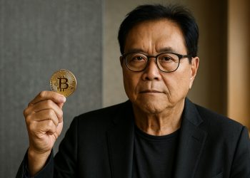 Robert Kiyosaki sostiene una moneda de Bitcoin en oficina corporativa con luz natural suave.