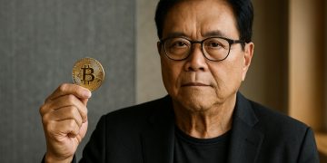 Robert Kiyosaki sostiene una moneda de Bitcoin en oficina corporativa con luz natural suave.