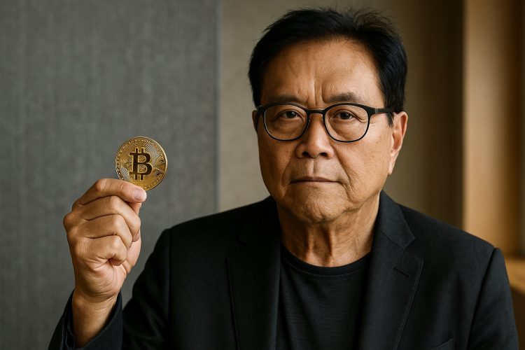 Robert Kiyosaki sostiene una moneda de Bitcoin en oficina corporativa con luz natural suave.