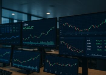 Monitores muestran gráficos de criptomonedas Bitcoin, Ether y acciones en sala de trading corporativa