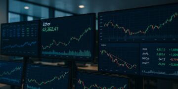 Monitores muestran gráficos de criptomonedas Bitcoin, Ether y acciones en sala de trading corporativa