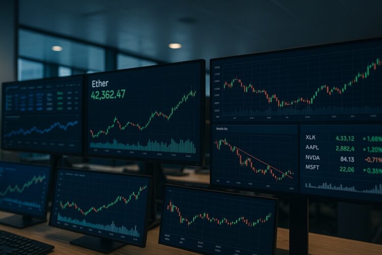 Monitores muestran gráficos de criptomonedas Bitcoin, Ether y acciones en sala de trading corporativa