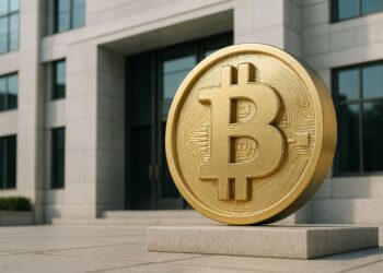 Símbolo de Bitcoin metálico frente al edificio del Tesoro de Estados Unidos, en tono institucional.