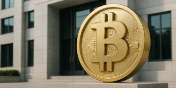 Símbolo de Bitcoin metálico frente al edificio del Tesoro de Estados Unidos, en tono institucional.