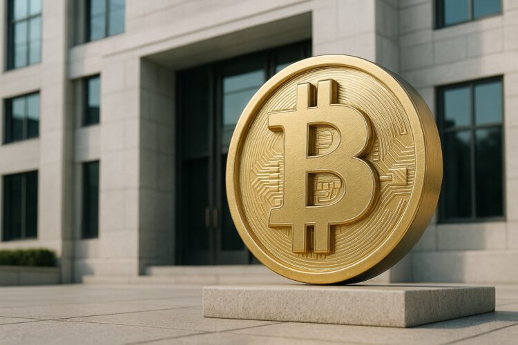 Símbolo de Bitcoin metálico frente al edificio del Tesoro de Estados Unidos, en tono institucional.