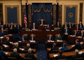 Senadores reunidos en el pleno del Senado de EE. UU. con el estrado iluminado y la bandera al fondo
