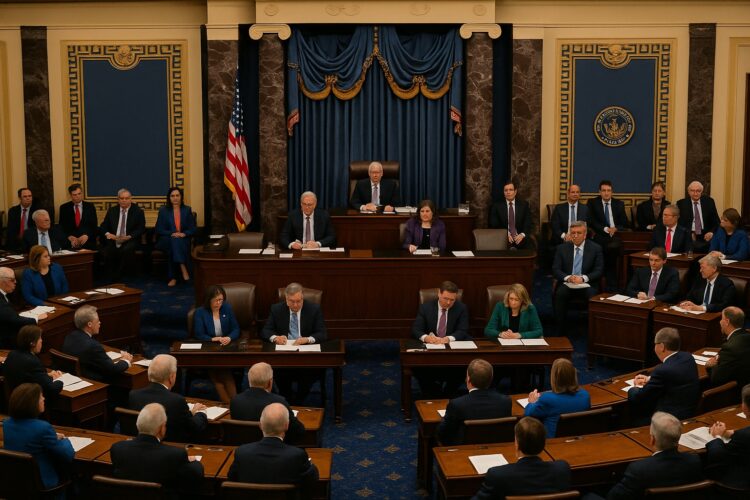 Senadores reunidos en el pleno del Senado de EE. UU. con el estrado iluminado y la bandera al fondo