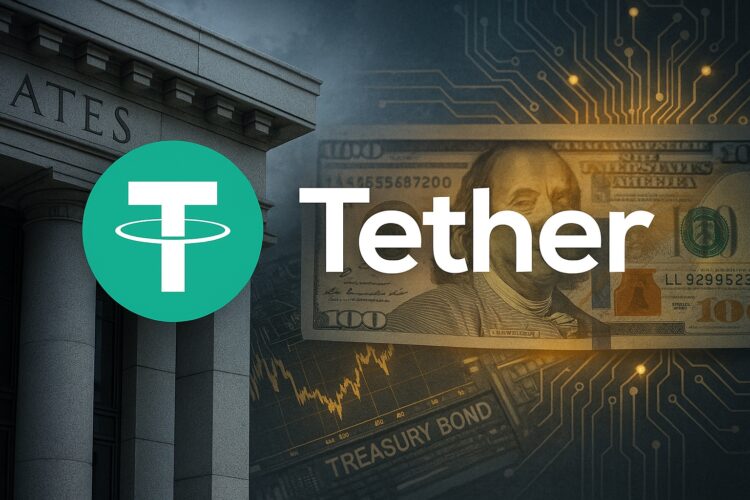 Logotipo de Tether frente a billetes, gráficos y circuitos digitales con fondo institucional