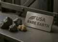 Minerales de tierras raras y placa metálica con logotipo de USA Rare Earth.